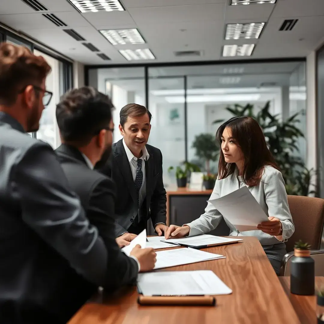 Founders discussing contracts with a legal advisor in an office.