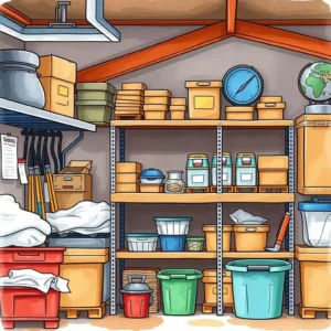 A well-organized storage area featuring labeled containers, tools, and supplies for efficient inventory use.