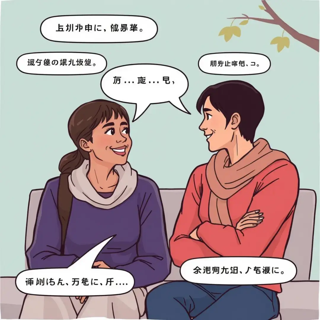 Two people conversing with speech bubbles showing translated text.