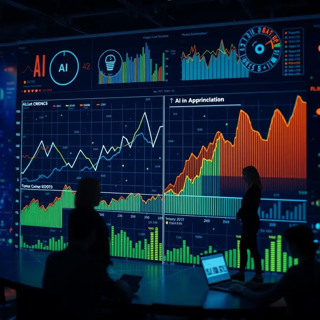 Graphs, charts, data points, AI algorithms, team collaboration.