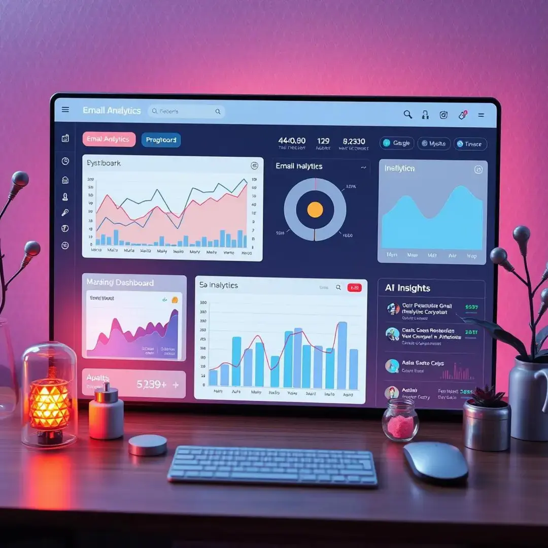 Email analytics dashboard with performance graphs and AI insights.