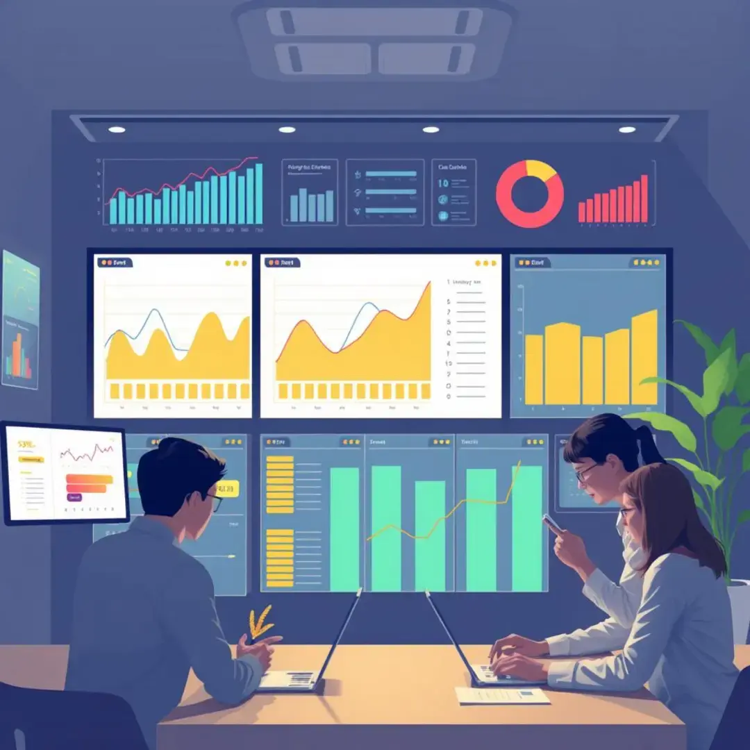 Graphs, charts, and people interacting with digital devices.