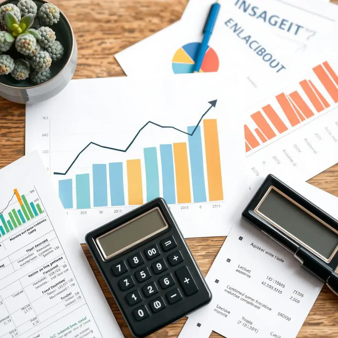 Graph showing budget trends, calculator, and financial documents.