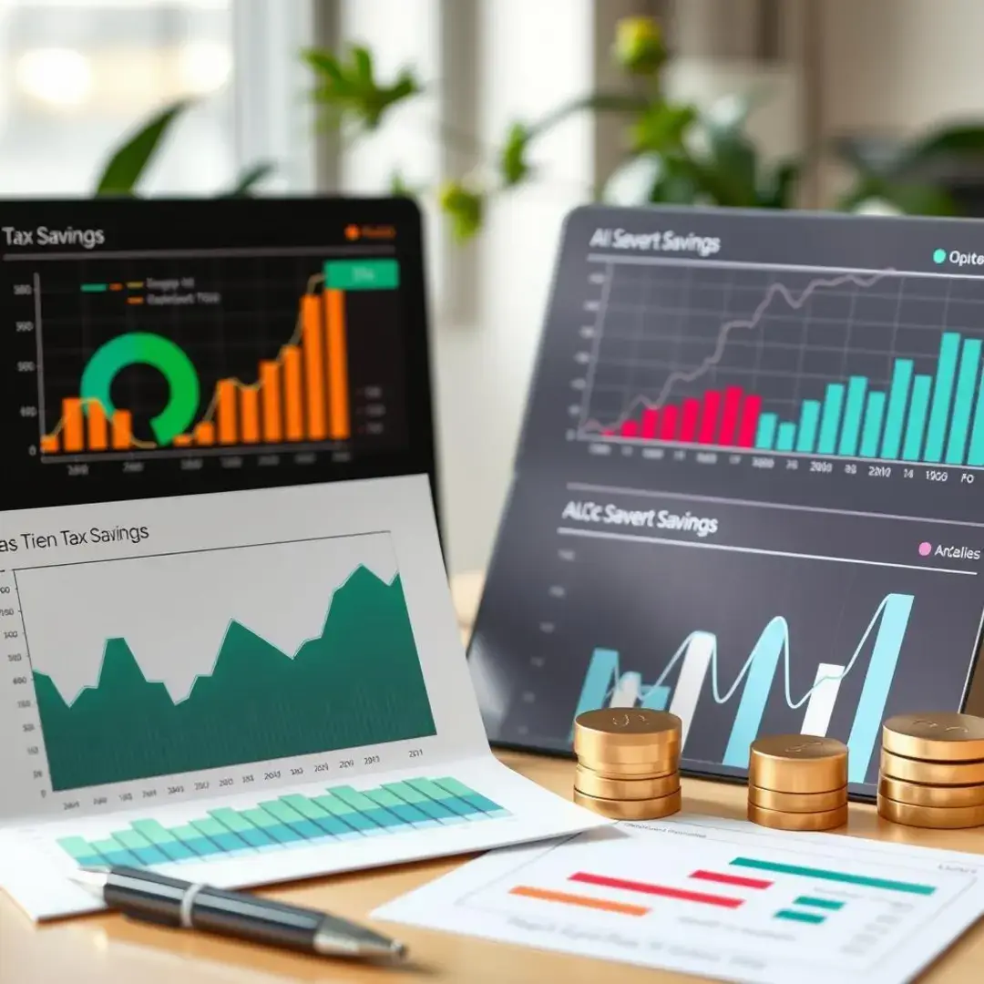 Graphs showing tax savings, AI algorithms, and financial charts.
