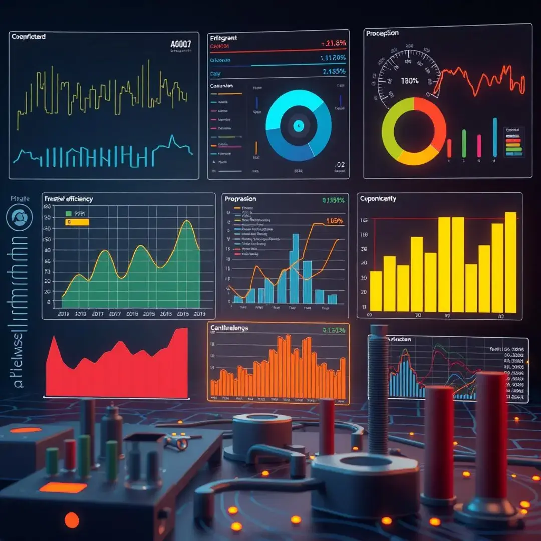 Graphs, charts, and data visualizations highlight AI pipeline efficiency.