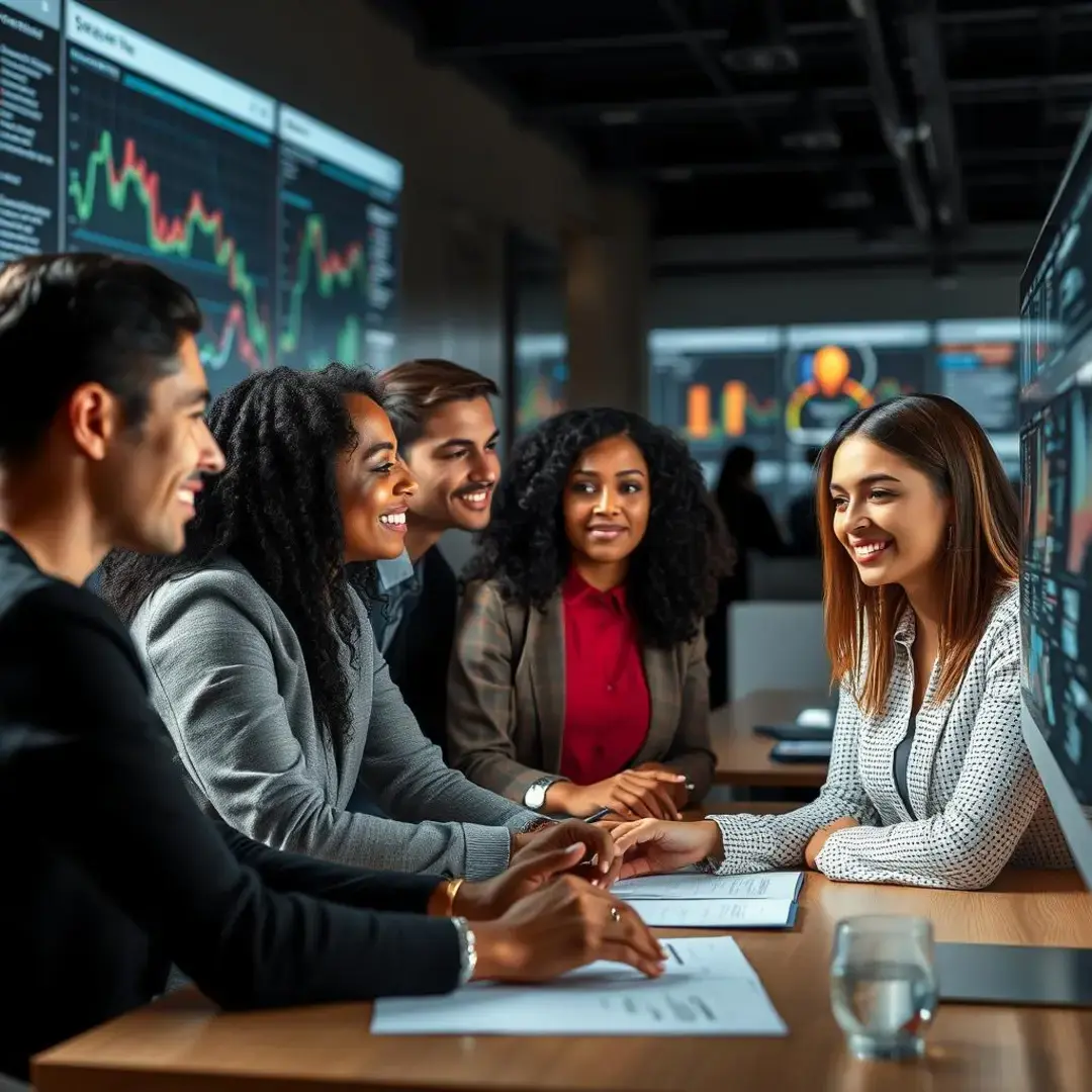 Diverse team analyzing data, selecting top talent through AI.