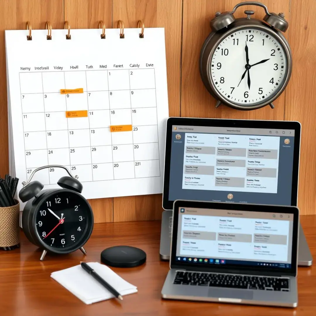 A calendar, clock, and laptop displaying interview schedules.