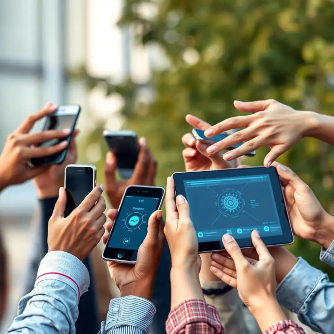 Diverse hands holding digital tools, symbolizing inclusive AI engagement.