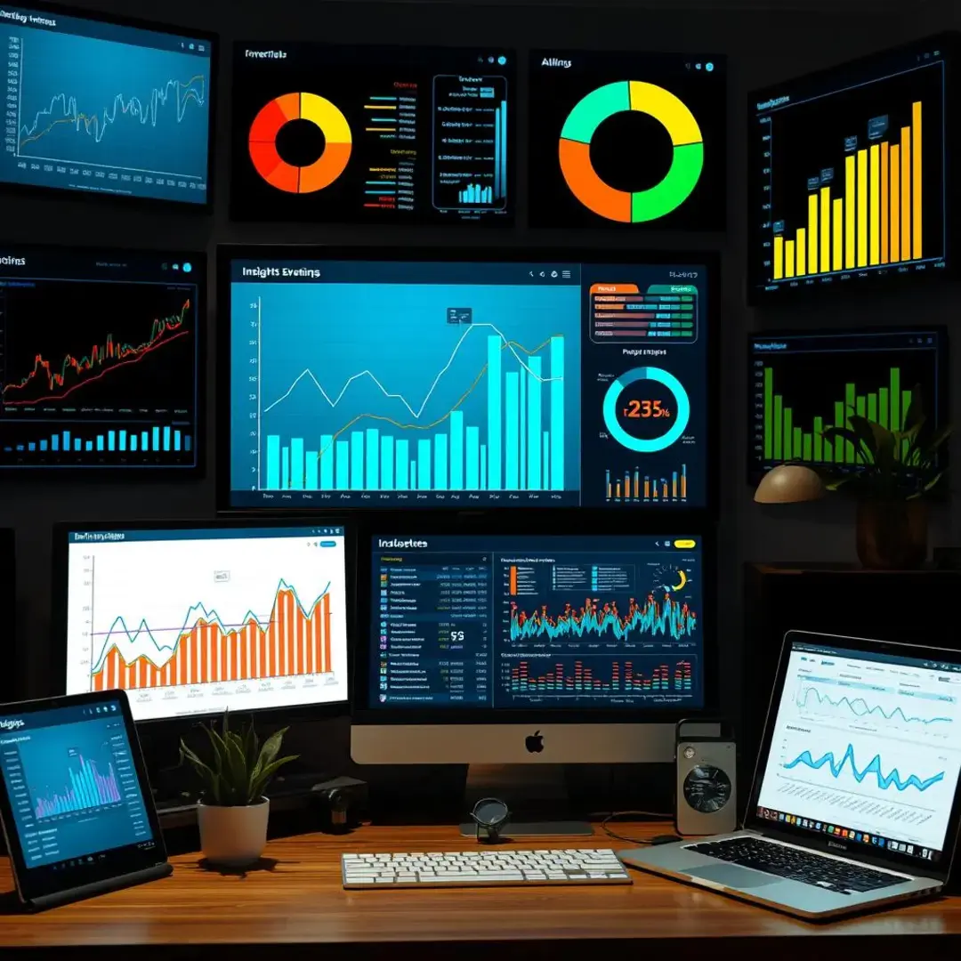 Graphs, data analytics, and digital screens displaying insights.