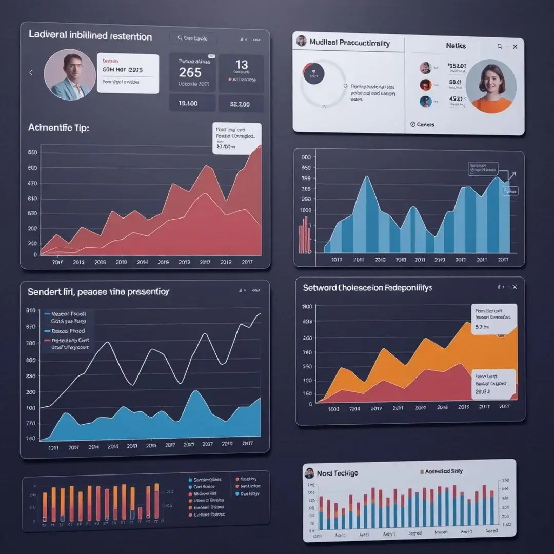 Graphs showing sentiment trends, diverse user feedback, AI insights.