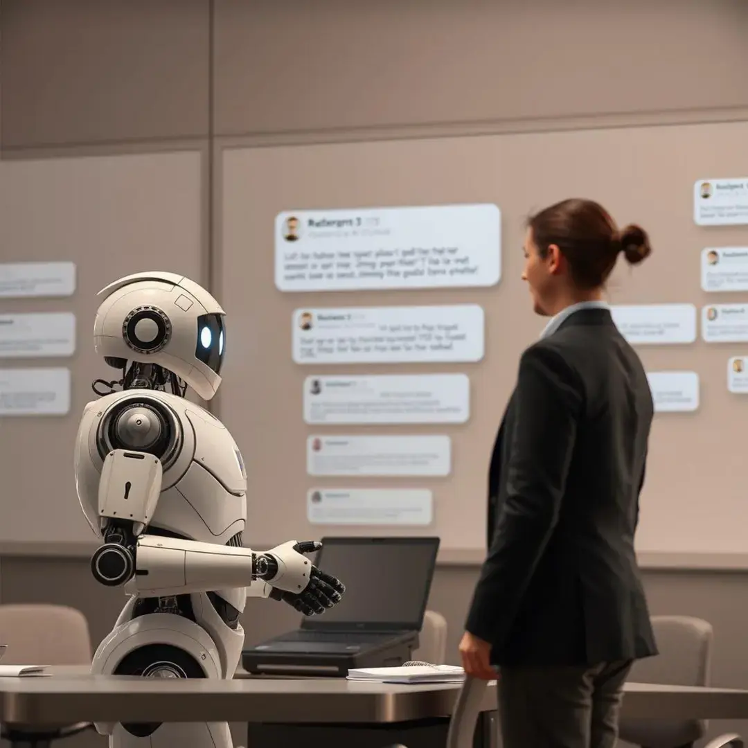 Robots assisting humans with automated FAQ responses.