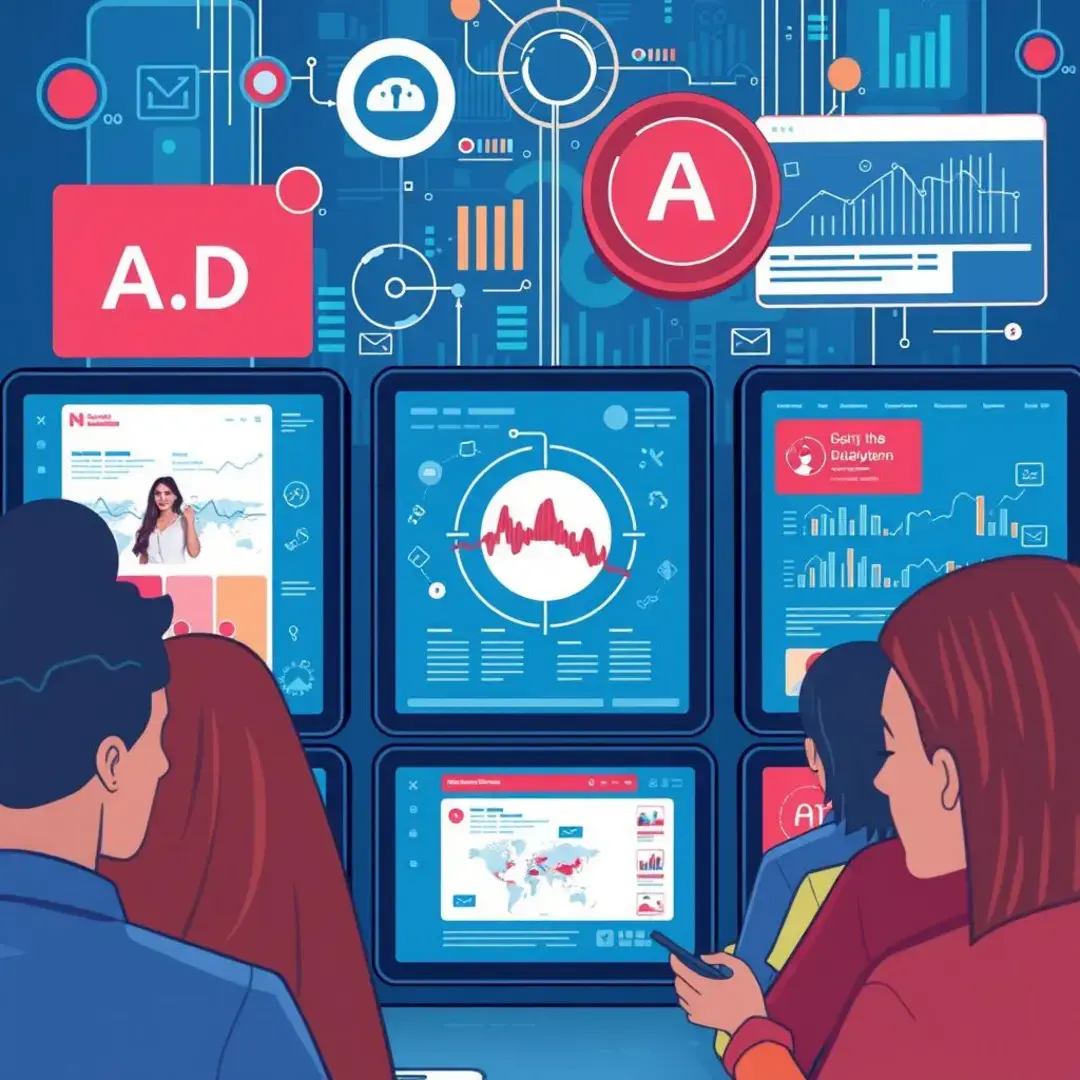 Targeted ads on screens, data analytics, AI algorithms, diverse users.