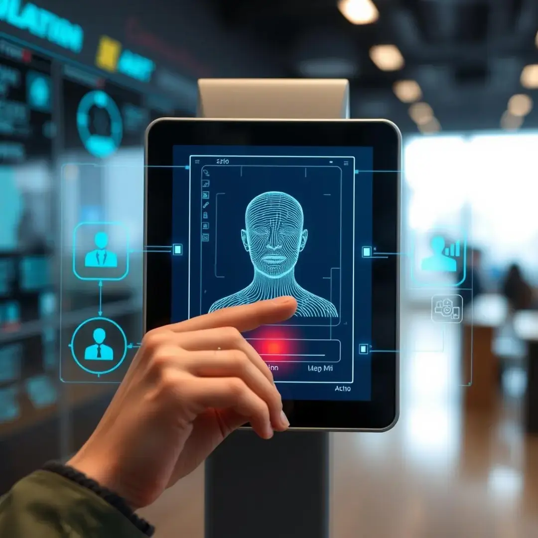 Digital interface displaying biometric data and AI verification process.