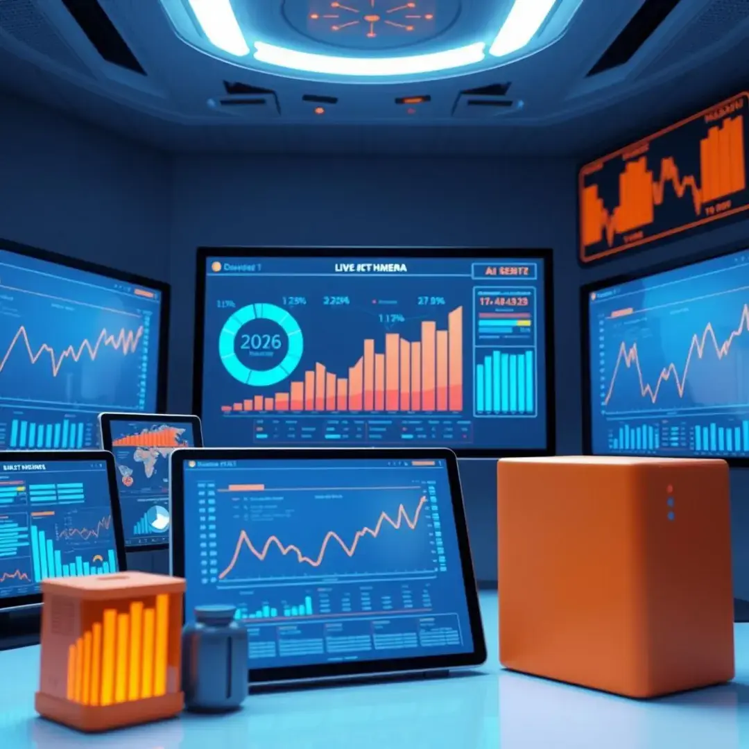 Digital screens displaying data charts and AI algorithms.