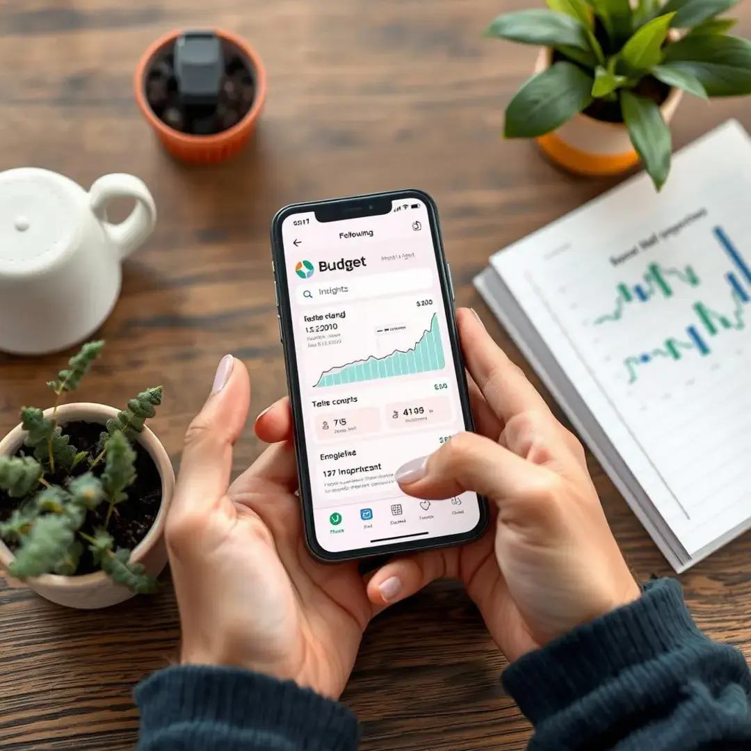 Smartphone displaying budgeting app with AI insights and graphs.
