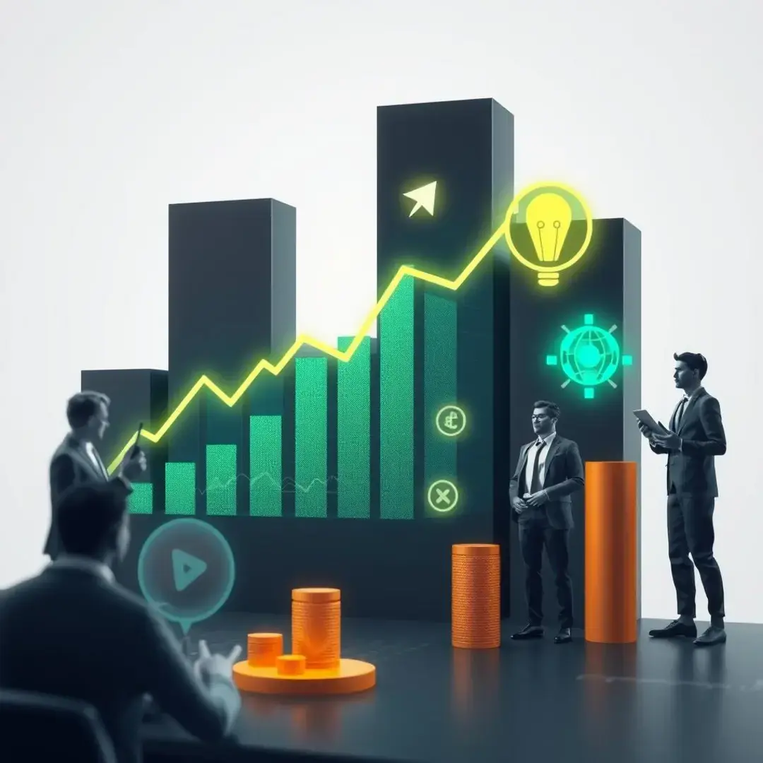 Graphs showing rising revenue, AI technology icons, optimistic investors.