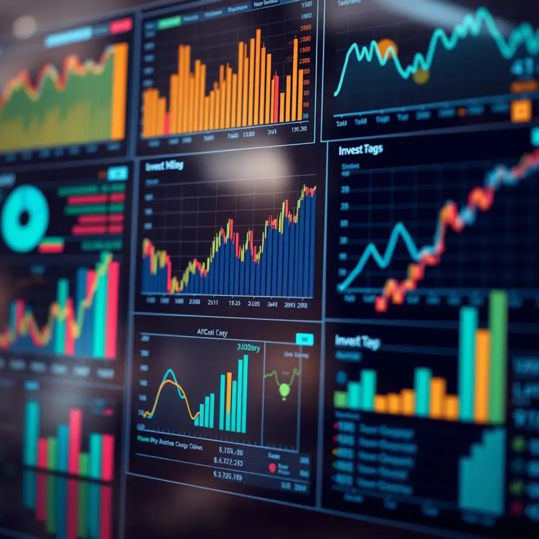 Graphs, charts, digital interface, AI models, investment trends.