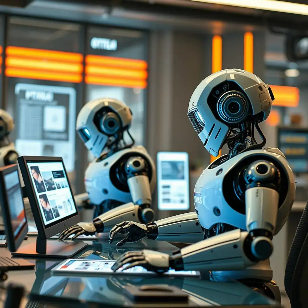 Robots designing templates on digital screens, futuristic workspace.