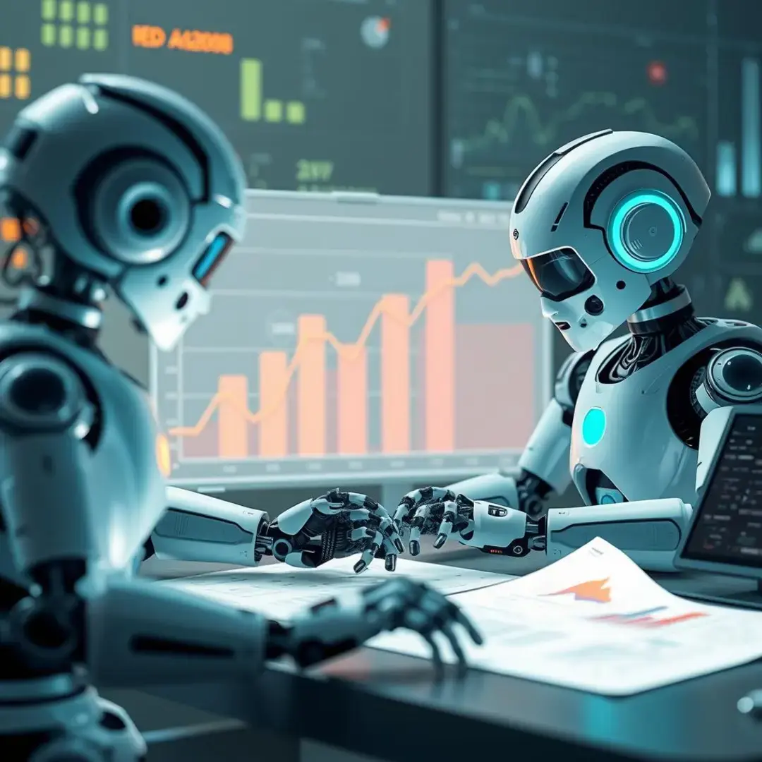 Robots analyzing data, charts depicting growth, futuristic technology.