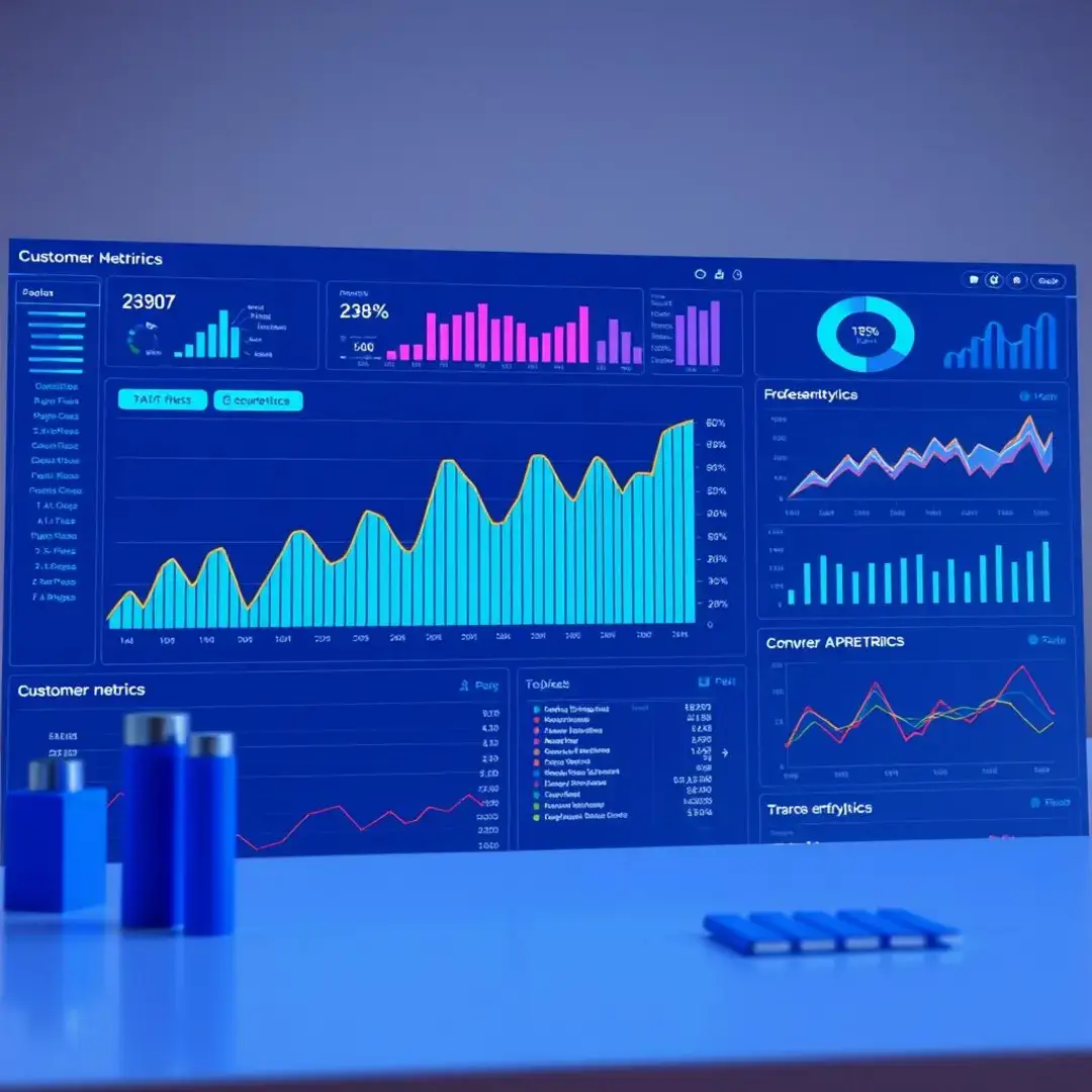 Data analytics graph, AI interface, customer metrics dashboard.