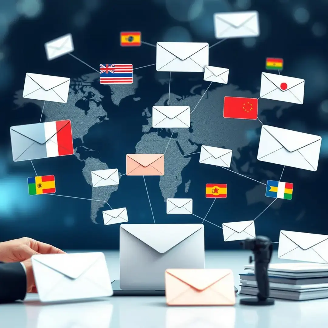 AI translating emails, diverse languages, seamless communication, global connections.