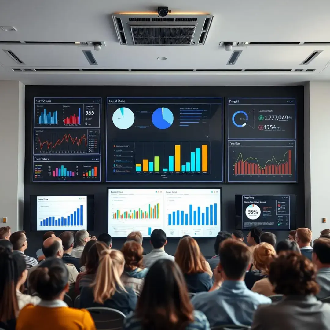 Charts, graphs, digital screens, diverse audience engaging in discussion.