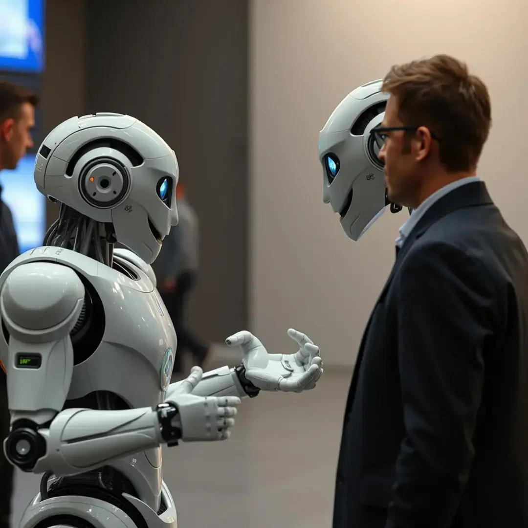 Robots converse with humans, showcasing advanced natural language processing.