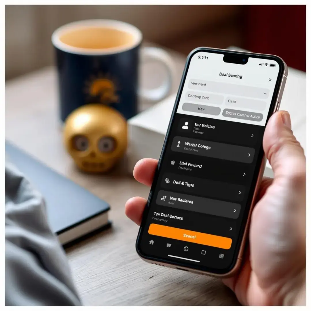 Smartphone displaying app options with deal scoring features.