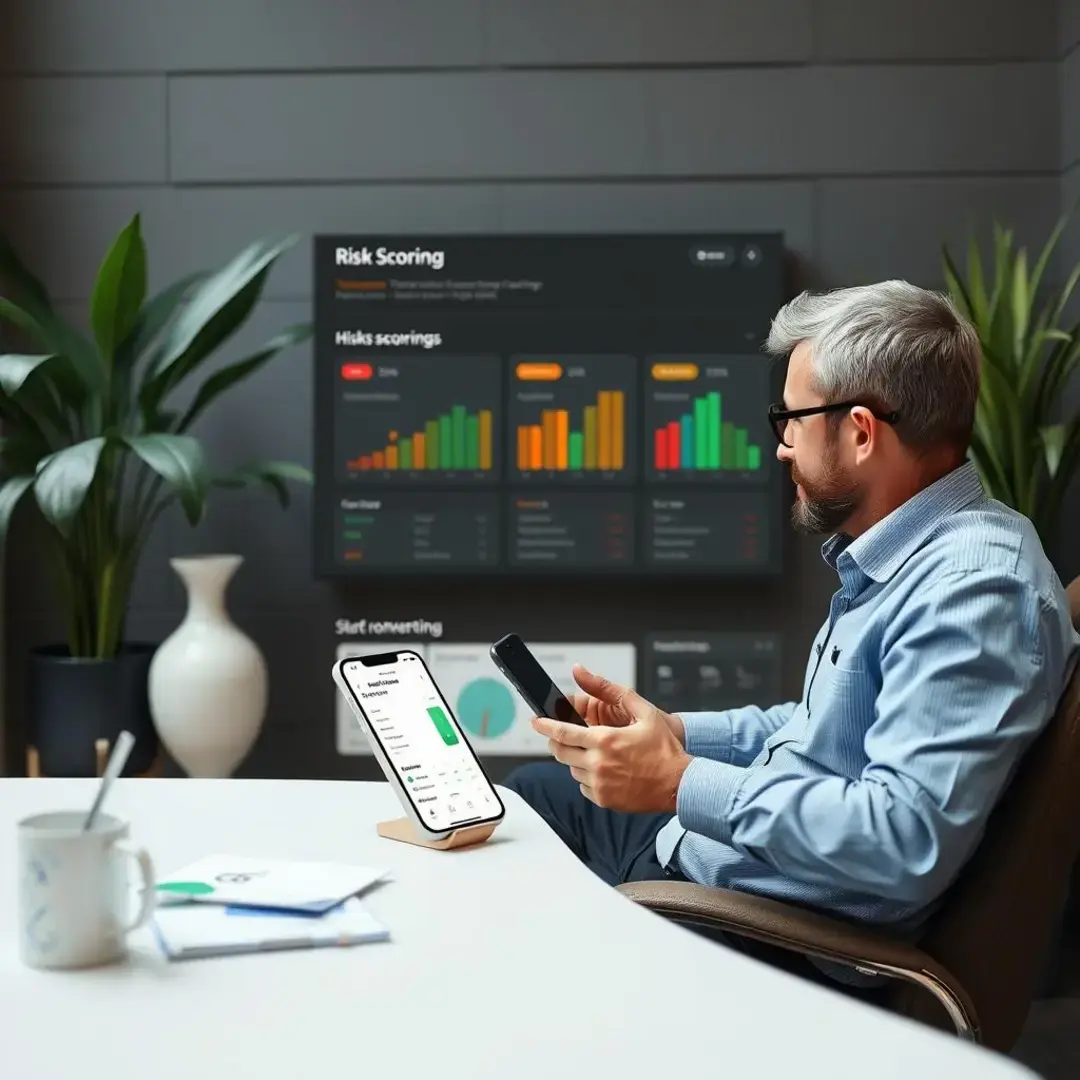 User reviewing app options with risk scoring charts displayed.