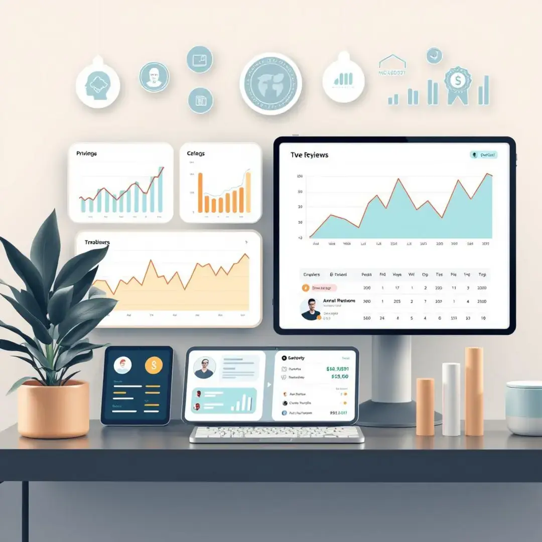 Graphs, charts, AI icons, user reviews, investment strategies displayed.