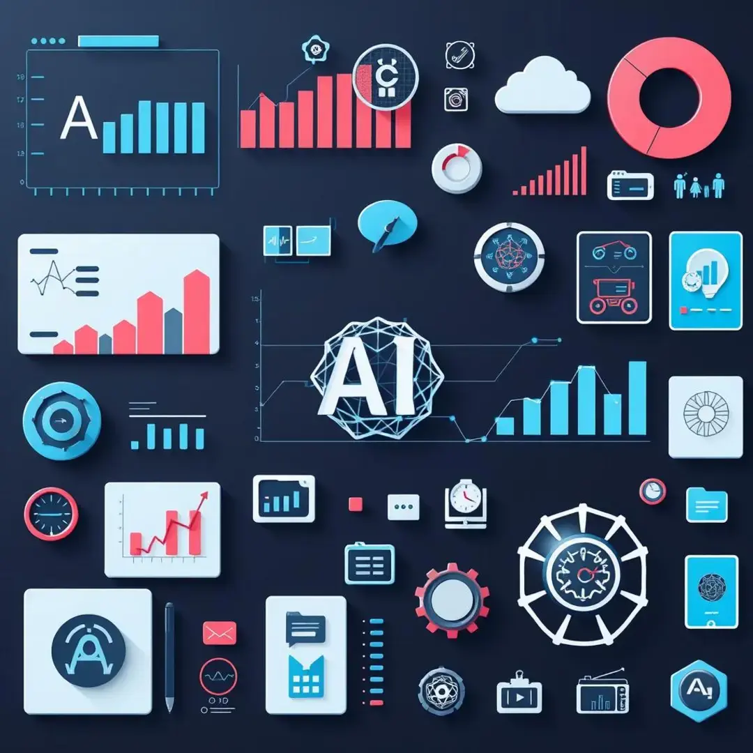 Charts, graphs, and icons depicting various AI applications.