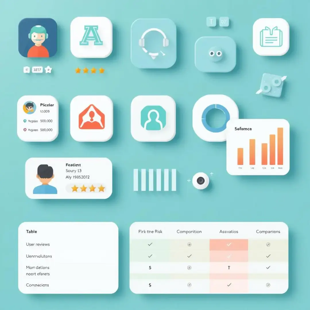 AI app icons, user reviews, risk assessment charts, comparison table.