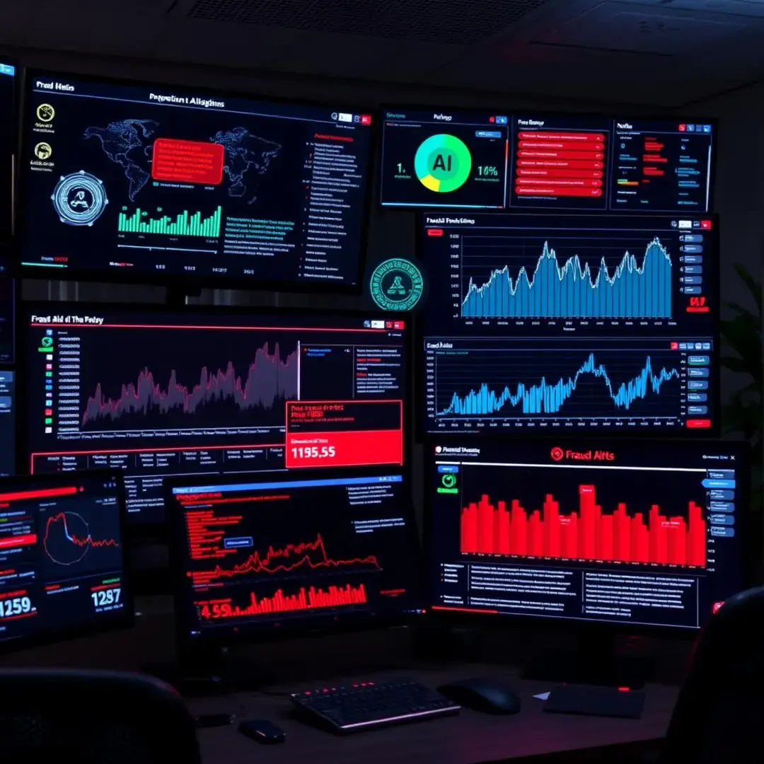 Screens displaying AI algorithms, graphs, and fraud alerts.