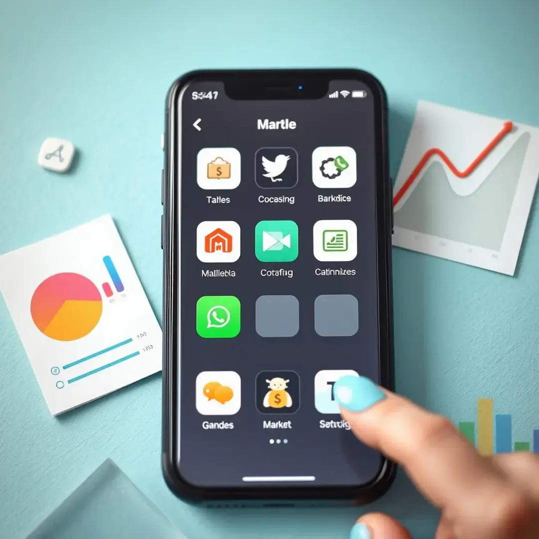 Smartphone with app icons, user selecting options, market graphs.