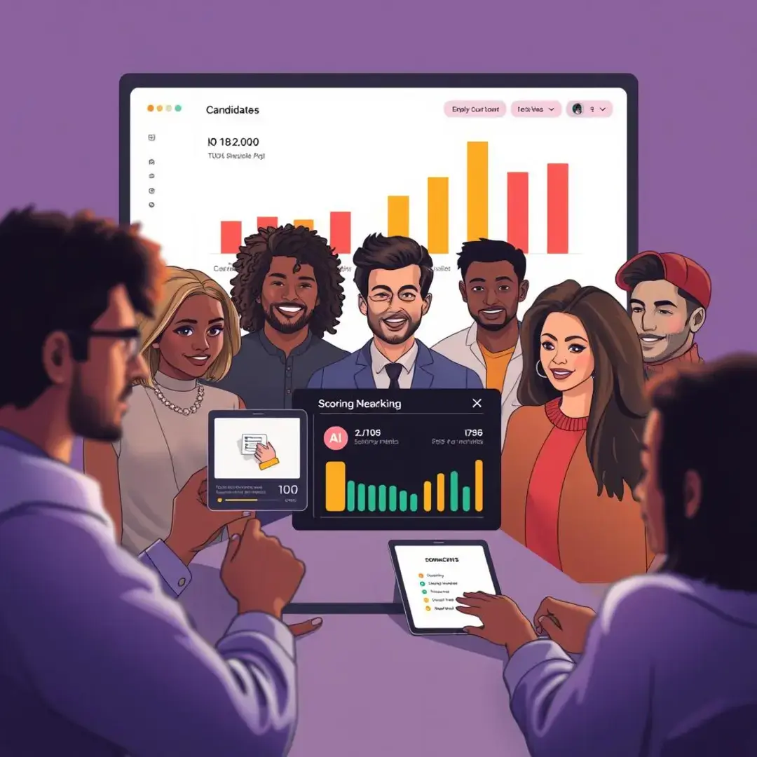 Diverse candidates, app interface, scoring metrics, AI analysis.