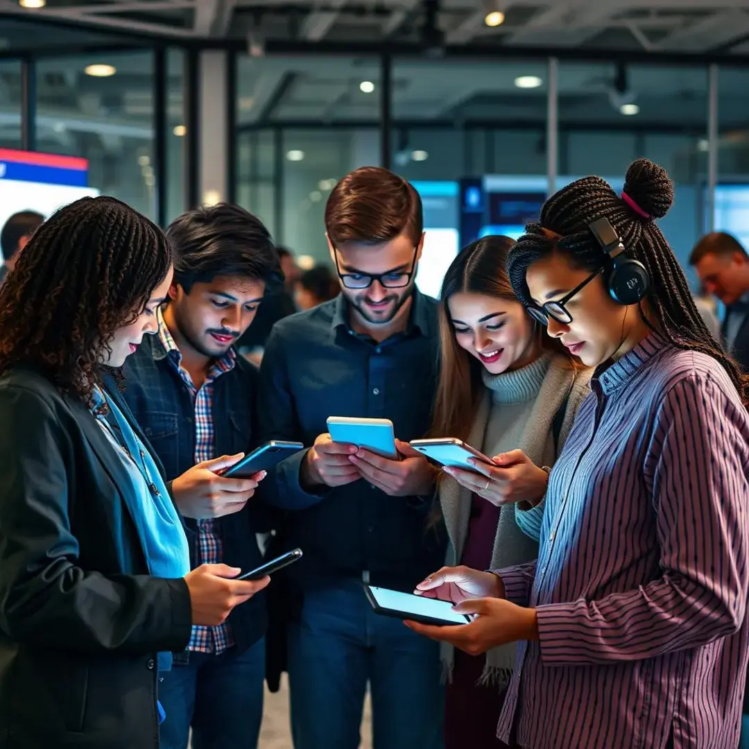 Diverse users evaluating AI apps on various devices together.