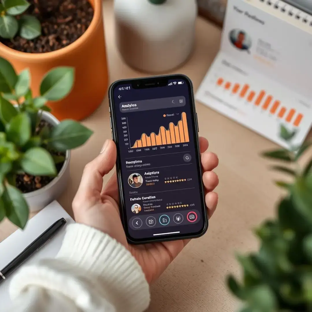 Smartphone with app icons, analytics charts, user reviews.