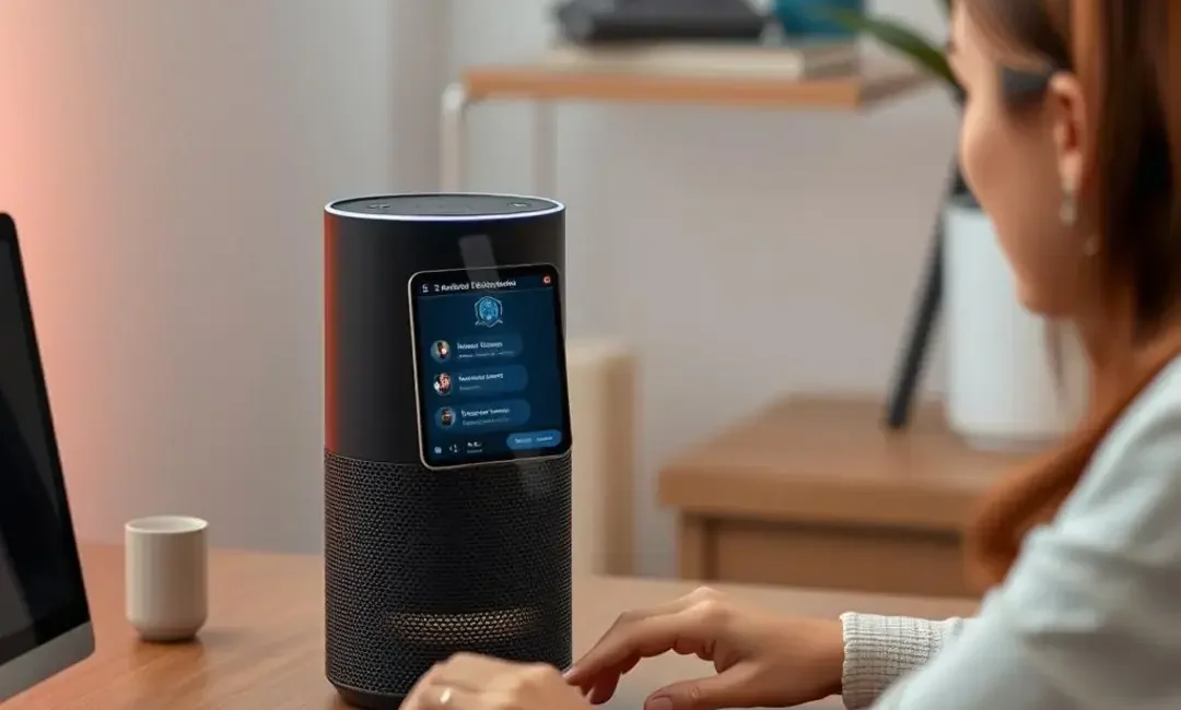 Smart speaker, chatbot interface, user interacting, digital assistant.