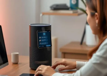 Smart speaker, chatbot interface, user interacting, digital assistant.