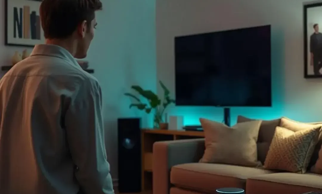 Person speaking to a smart speaker in a living room.