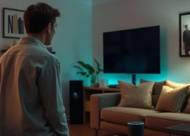 Person speaking to a smart speaker in a living room.