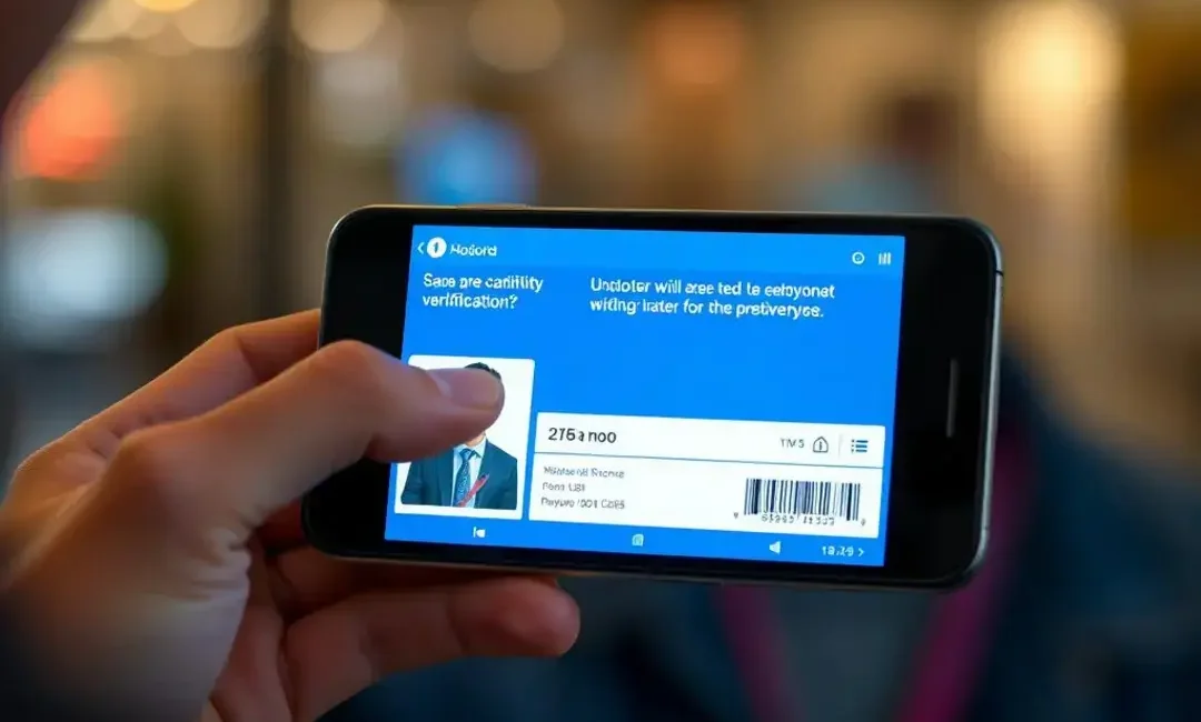 Person scanning ID with smartphone, digital verification interface displayed.