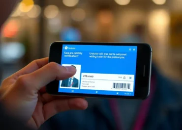 Person scanning ID with smartphone, digital verification interface displayed.