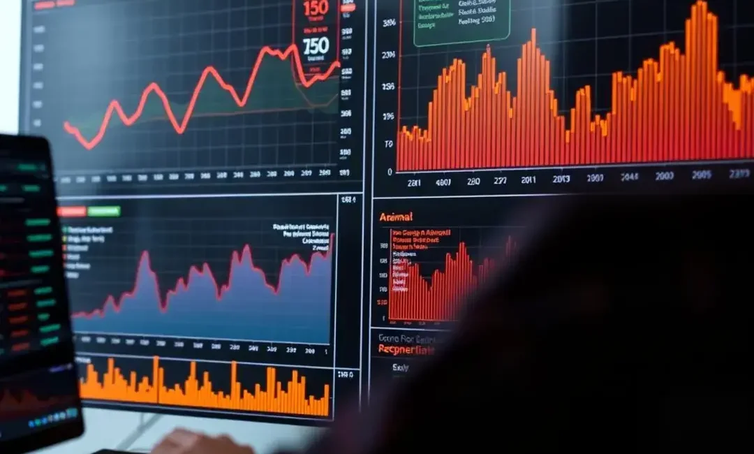 Graphs, alerts, data points, and highlighted anomalies.