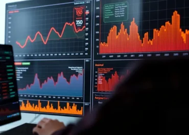 Graphs, alerts, data points, and highlighted anomalies.