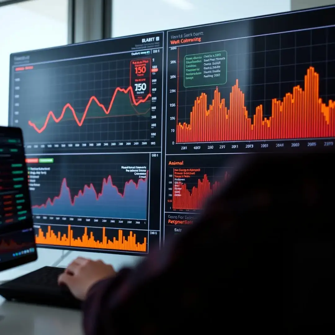 Graphs, alerts, data points, and highlighted anomalies.