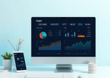 Digital budgeting interface with graphs and financial data.