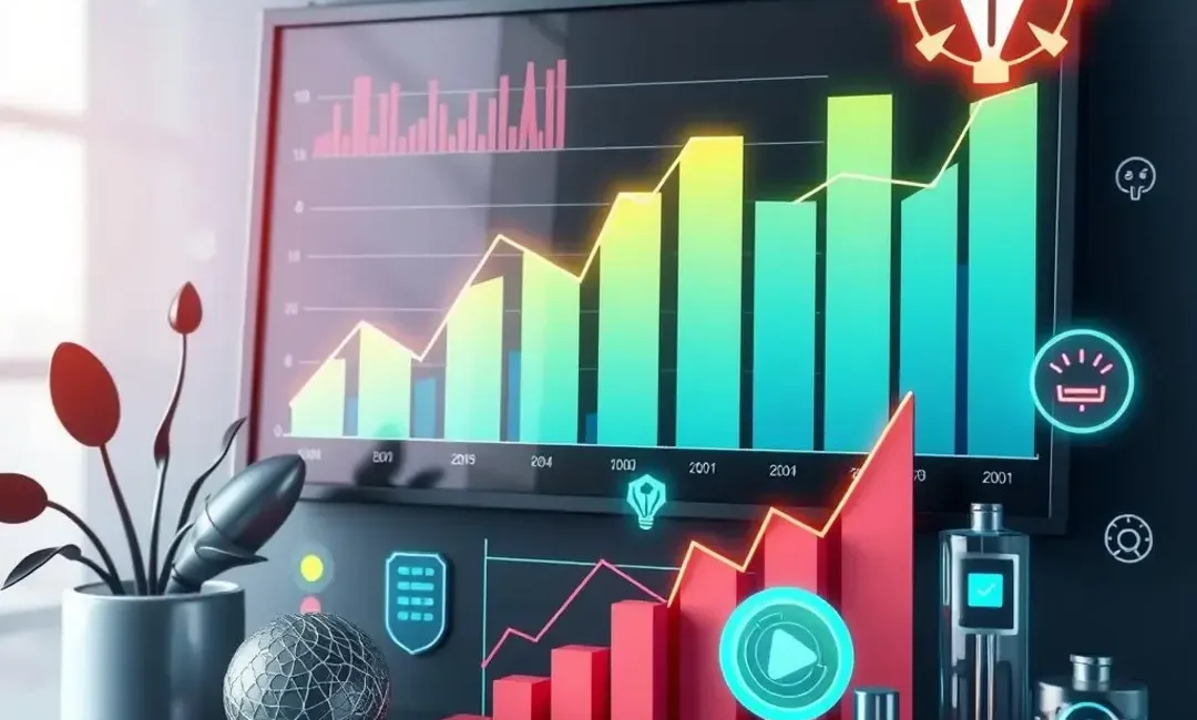 Graphs, charts, and tech icons illustrating AI revenue growth.