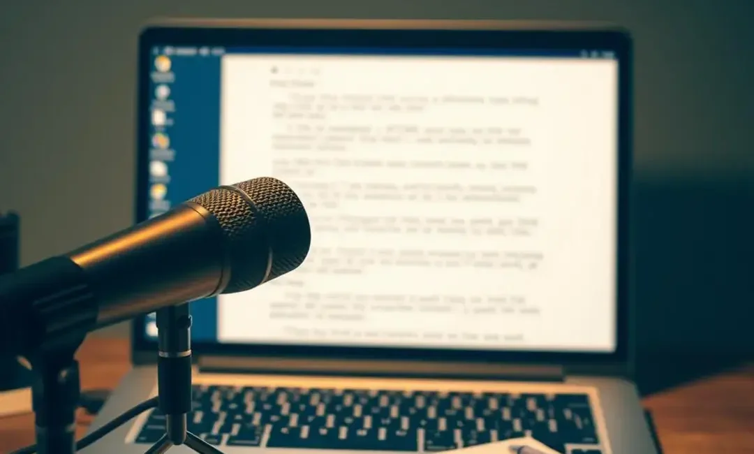 Microphone, laptop screen, text appearing, note-taking, digital interface.