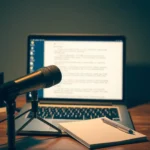 Microphone, laptop screen, text appearing, note-taking, digital interface.